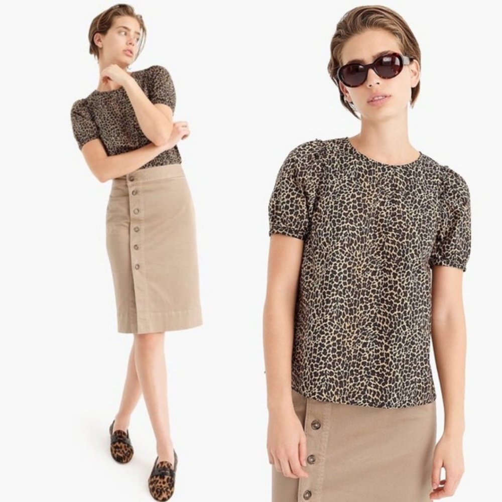 J. Crew Top S Puff Sleeve Leopard Print Poplin Back Keyhole A6080